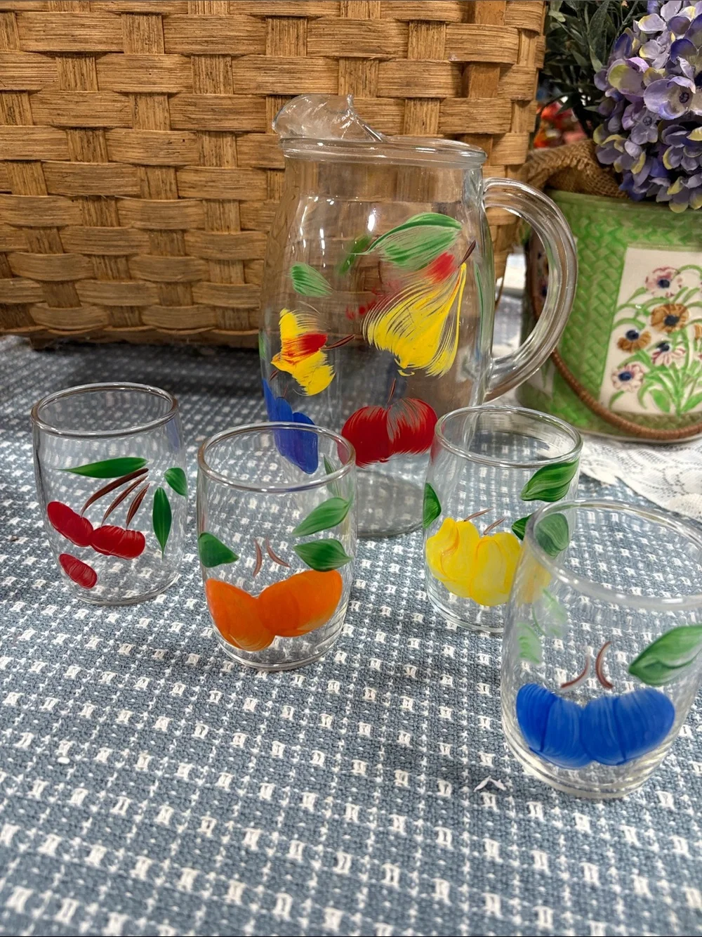Vintage Bartlett Collins Hand Painted Fruit Juice Pitcher with 4 Glasses MCM